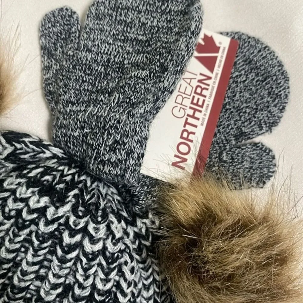 New baby infant beanie hat glove 12-24m gray bear face puff ears ball gray new